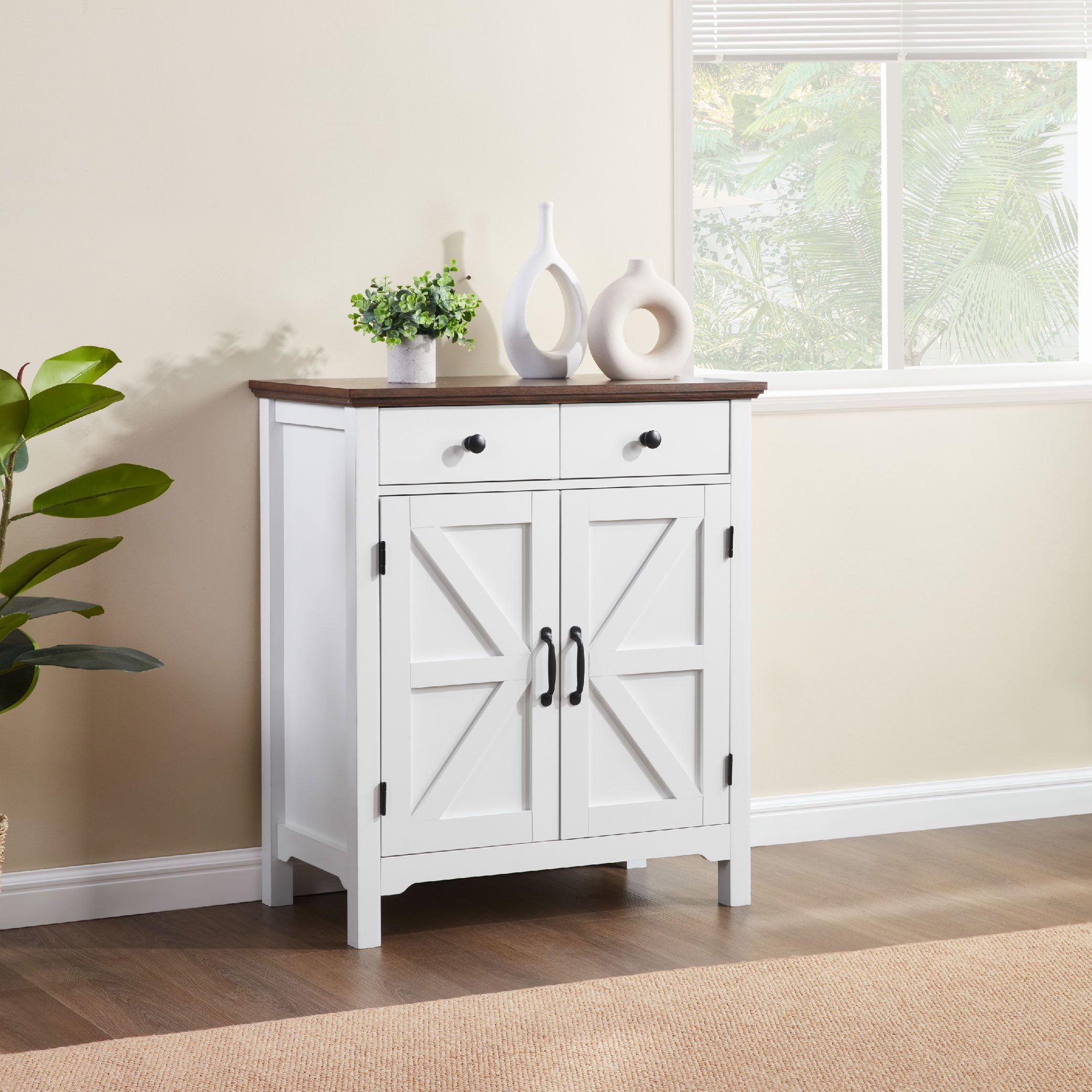 Farmhouse Buffet Cabinet With Drawer And Adjustable Shelf, Rustic White & Honey Brown Storage Cabinet, Barn Door Accent Sideboard For Kitchen, Living Room, Entryway_voghion.com